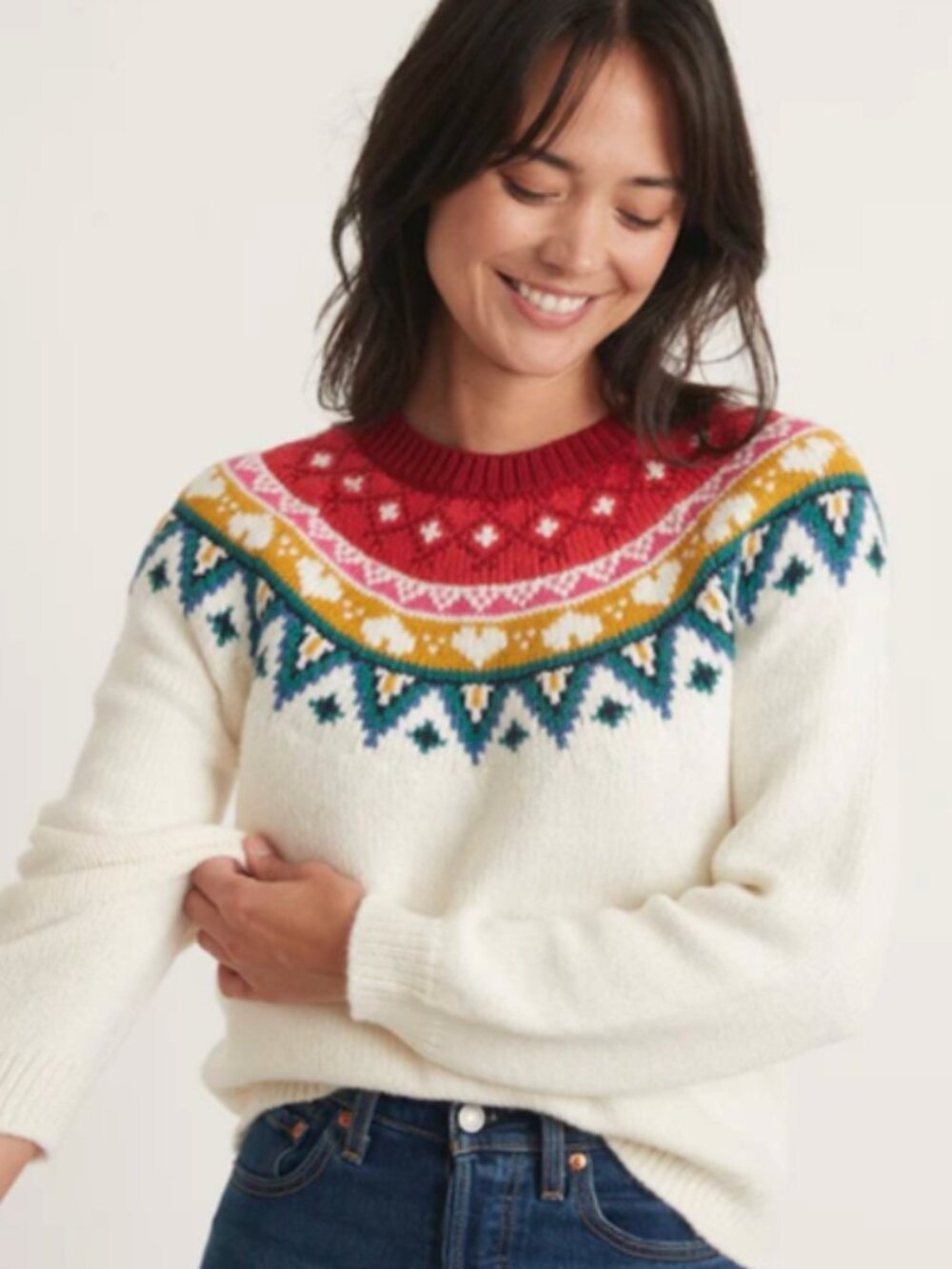 Marine layer Archive Alpine Fair Isle Sweater in Cream Rainbow Medium $148